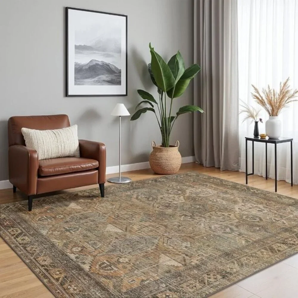 New 5x7 Washable Area Rug, Warm Taupe Vintage Low Pile Non-Slip Carpet for Home